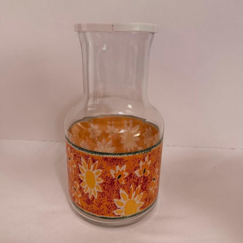 Vintage KIG Glass Carafe Sunflower Floral Orange Retro Juice Pitcher Mid Century - Picture 9 of 10